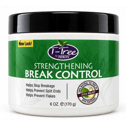A 6 oz white plastic jar of T-Tree by Parnevu Strengthening Break Control with a black lid and a green label, shown on a white background.
