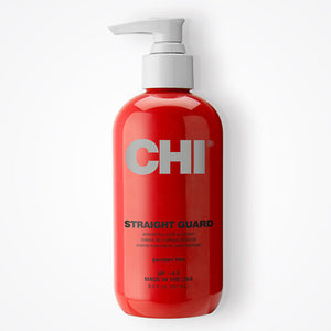 Red bottle of CHI Straight Guard on a white background