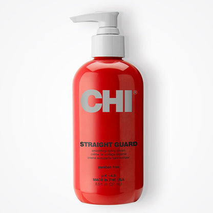 Red bottle of CHI Straight Guard on a white background