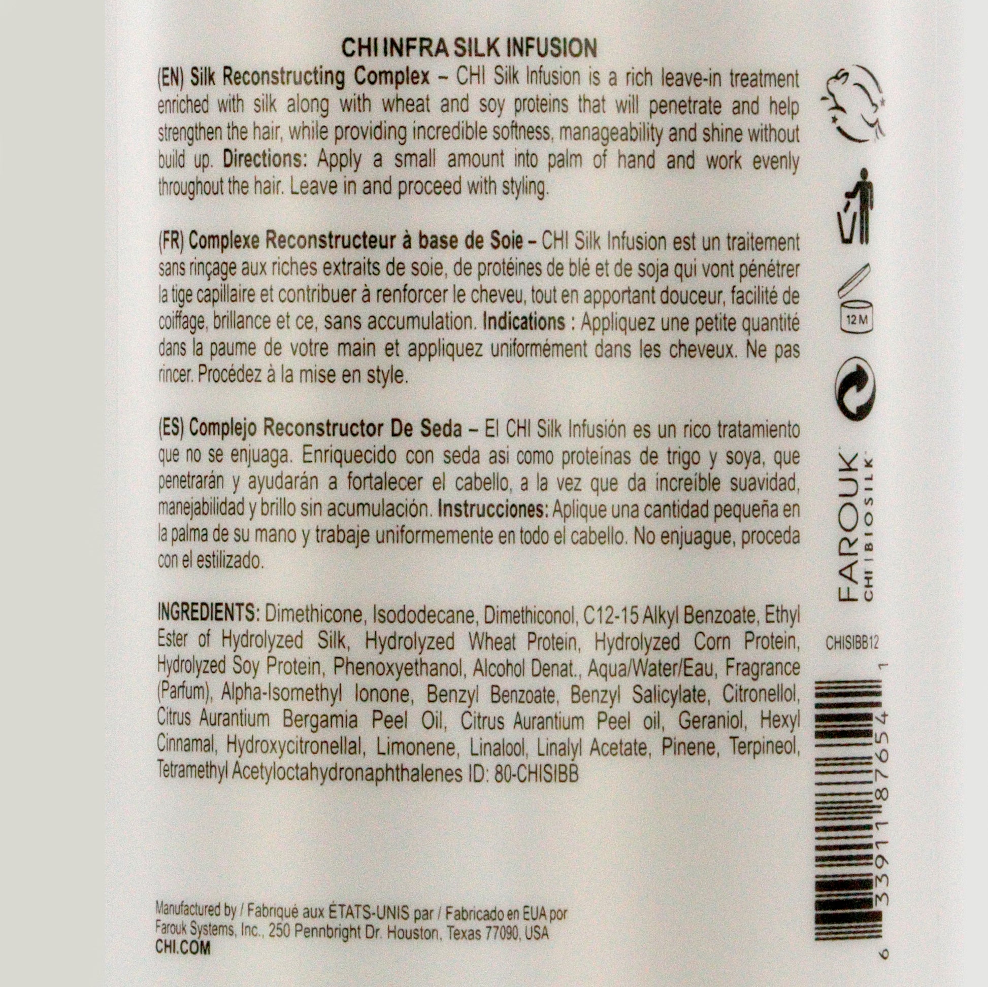 Back label of a CHI Silk Infusion hair care product with text and branding.