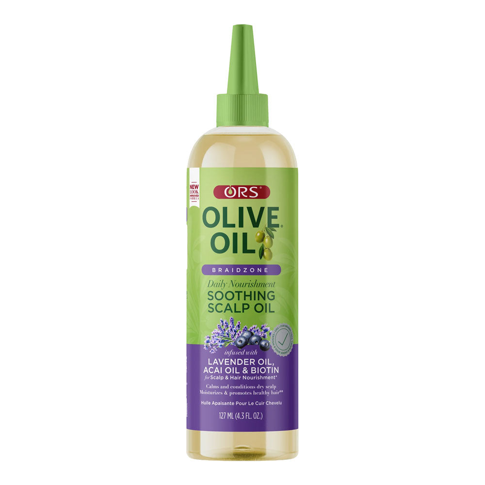 A bottle of ORS Olive Oil Soothing Scalp Oil with a green nozzle applicator cap, featuring a green and purple label with lavender illustrations, on a solid white background.