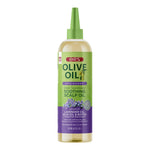 A bottle of ORS Olive Oil Soothing Scalp Oil with a green nozzle applicator cap, featuring a green and purple label with lavender illustrations, on a solid white background.
