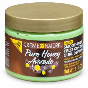 A jar of Creme of Nature Pure Honey Avocado smoothing and frizz control curl defining cream, featuring a light green jar, a gold lid, and a brown label with yellow and white text.