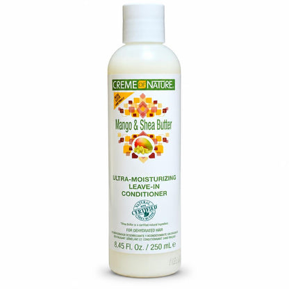 A bottle of Creme de Nature Mango & Shea Butter leave-in conditioner, 250 mL, on a plain white background.