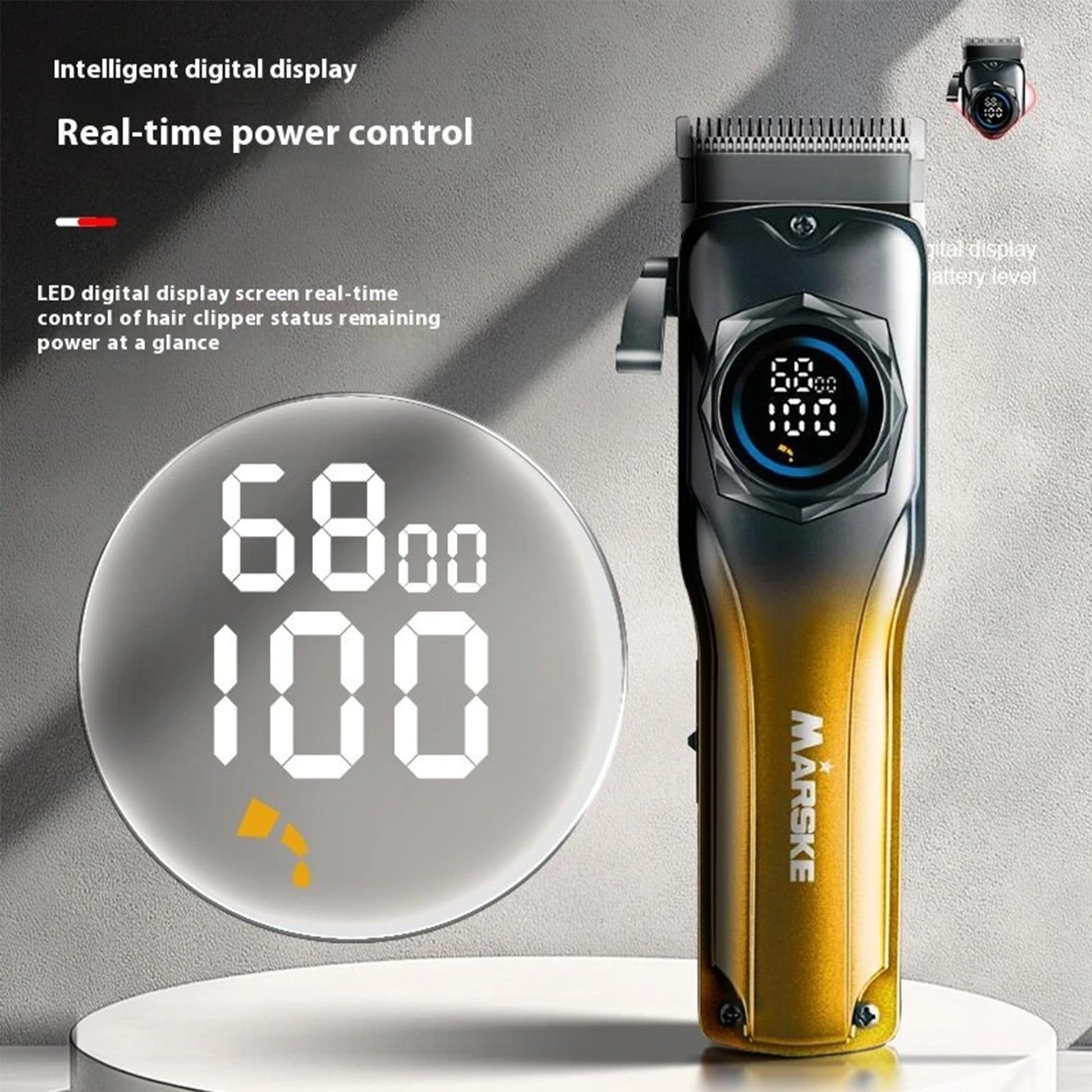 Hair clipper with digital display and power control features on a gray background