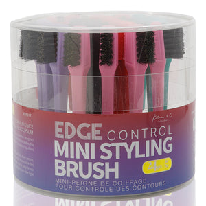 Set of mini styling brushes in a clear plastic container with a colorful label.