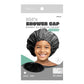 Black shower cap for kids with packaging featuring a child's face and brand name.