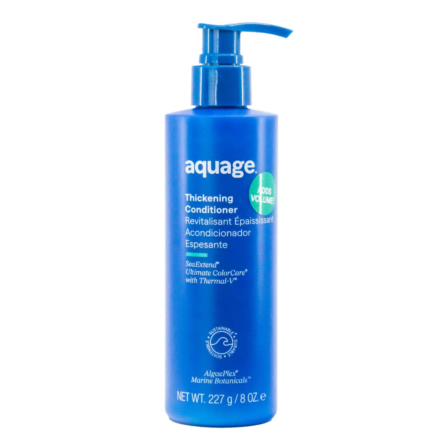 Blue bottle of Aquage thickening conditioner on a white background