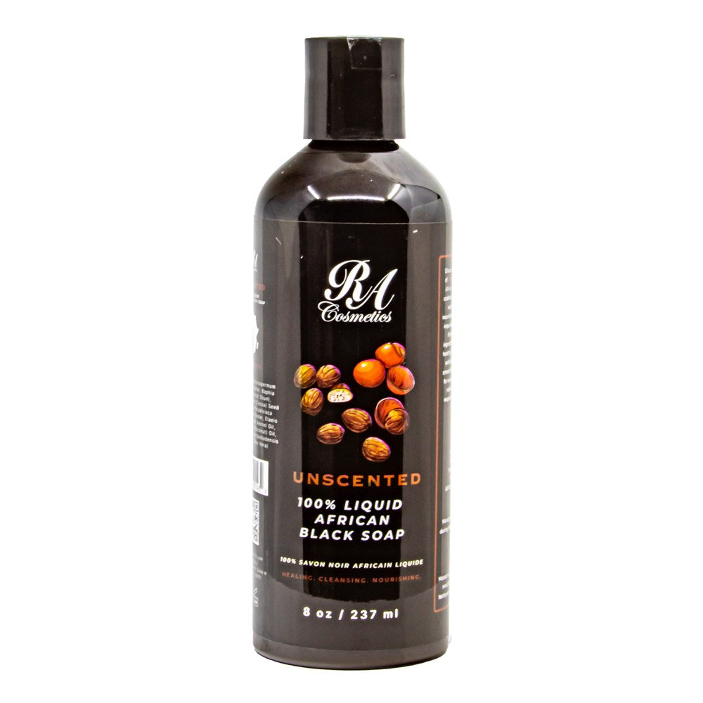 Bottle of RA Cosmetics unscented 100% liquid African black soap on a white background