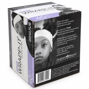 A boxed product labeled GRAMPA'S WRAPP-IT squaring strips, shown at a slight angle on a plain white background. The box is mostly black and white with lavender/purple side panels and printed photos of a person wearing the headband.