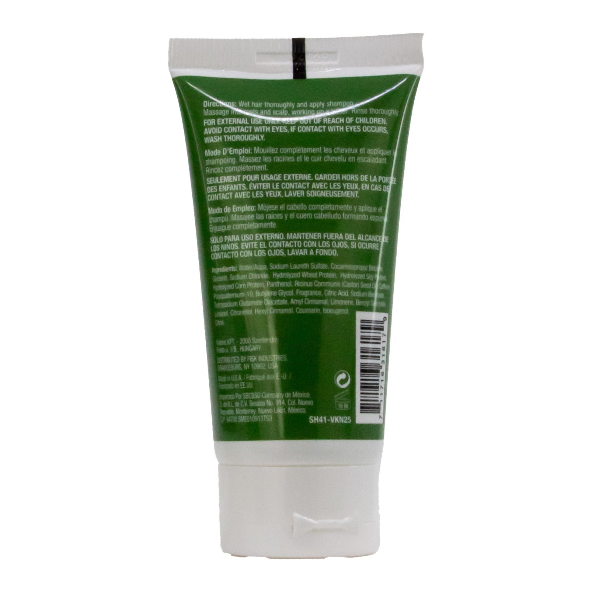 Back view of a green and white tube with text and a barcode on a white background