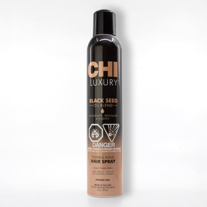 Chi Luxury Black Seed Oil Blend hair spray bottle on a white background