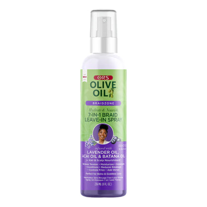 Olive Oil hair spray bottle with a green and purple label on a white background