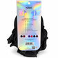 A black chiffon turban wrap with its original packaging card, featuring an iridescent holographic background and product details.