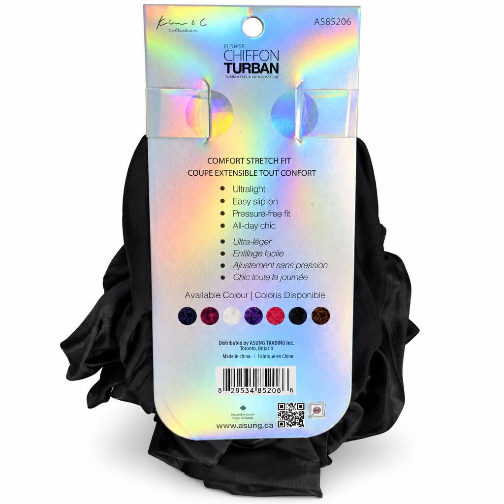 A black chiffon turban wrap with its original packaging card, featuring an iridescent holographic background and product details.