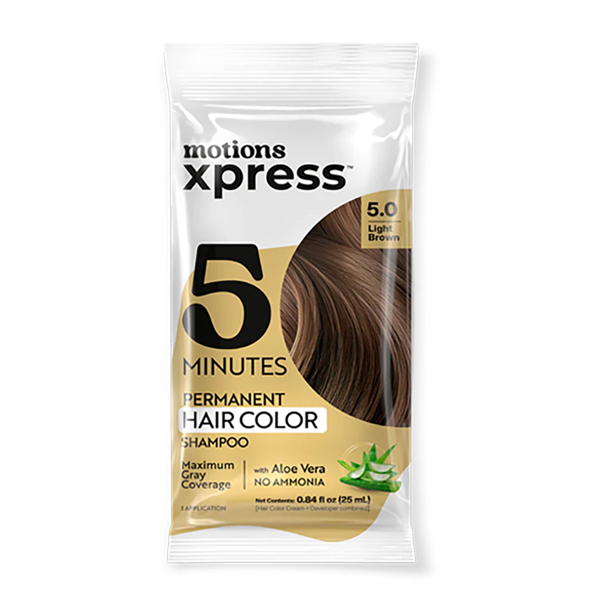 Motions Xpress 5 Minutes Permanent Hair Color package for light brown hair on a white background