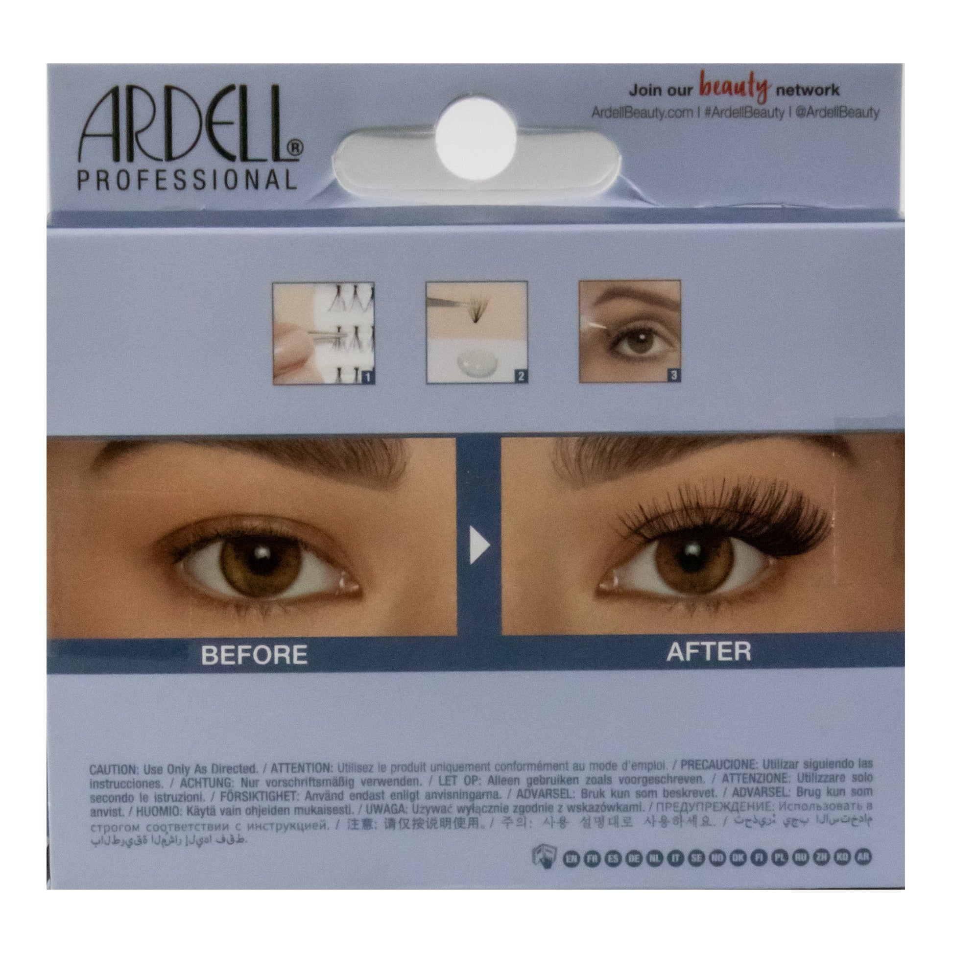 Ardell Professional eyelash packaging with 'Before' and 'After' effect on eyes.