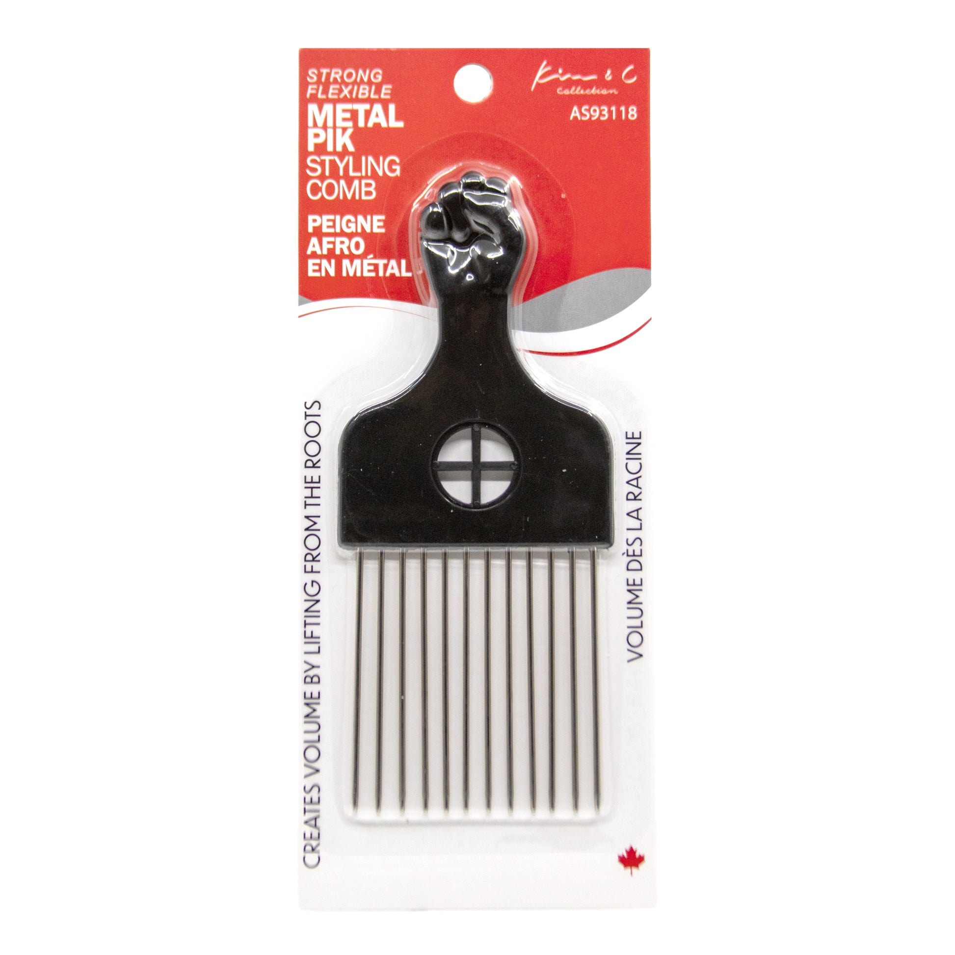 Metal styling comb with packaging on a white background
