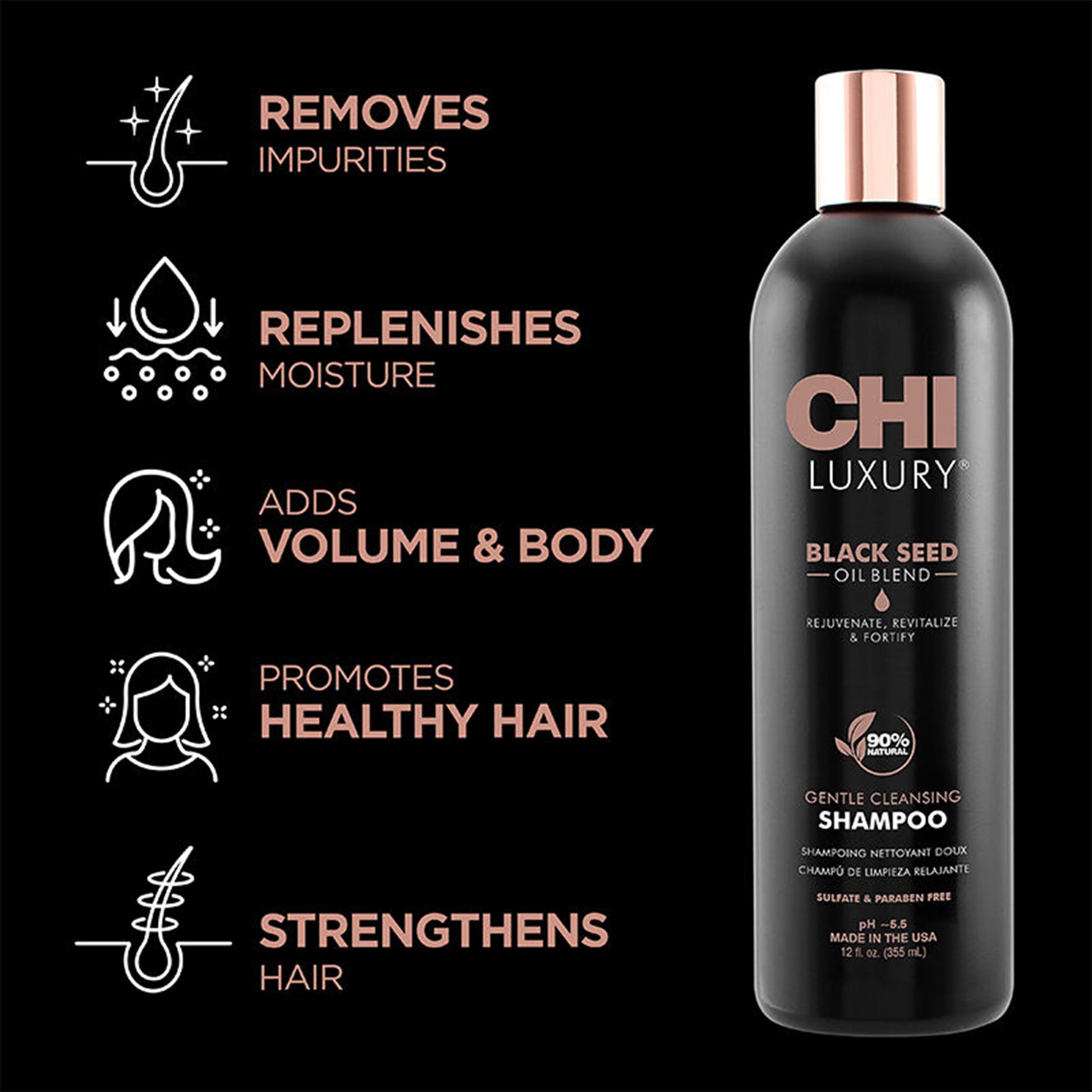 CHI Luxury Black Seed Oil Blend shampoo bottle with benefits listed on a black background