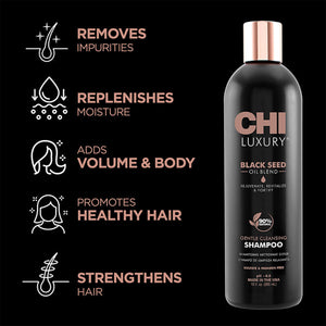 CHI Luxury Black Seed Oil Blend shampoo bottle with benefits listed on a black background