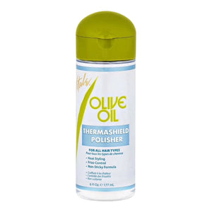 Olive Oil Thermashield Polisher bottle with green cap on a white background