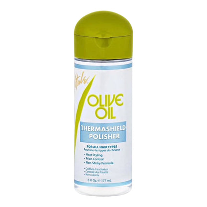 Olive Oil Thermashield Polisher bottle with green cap on a white background