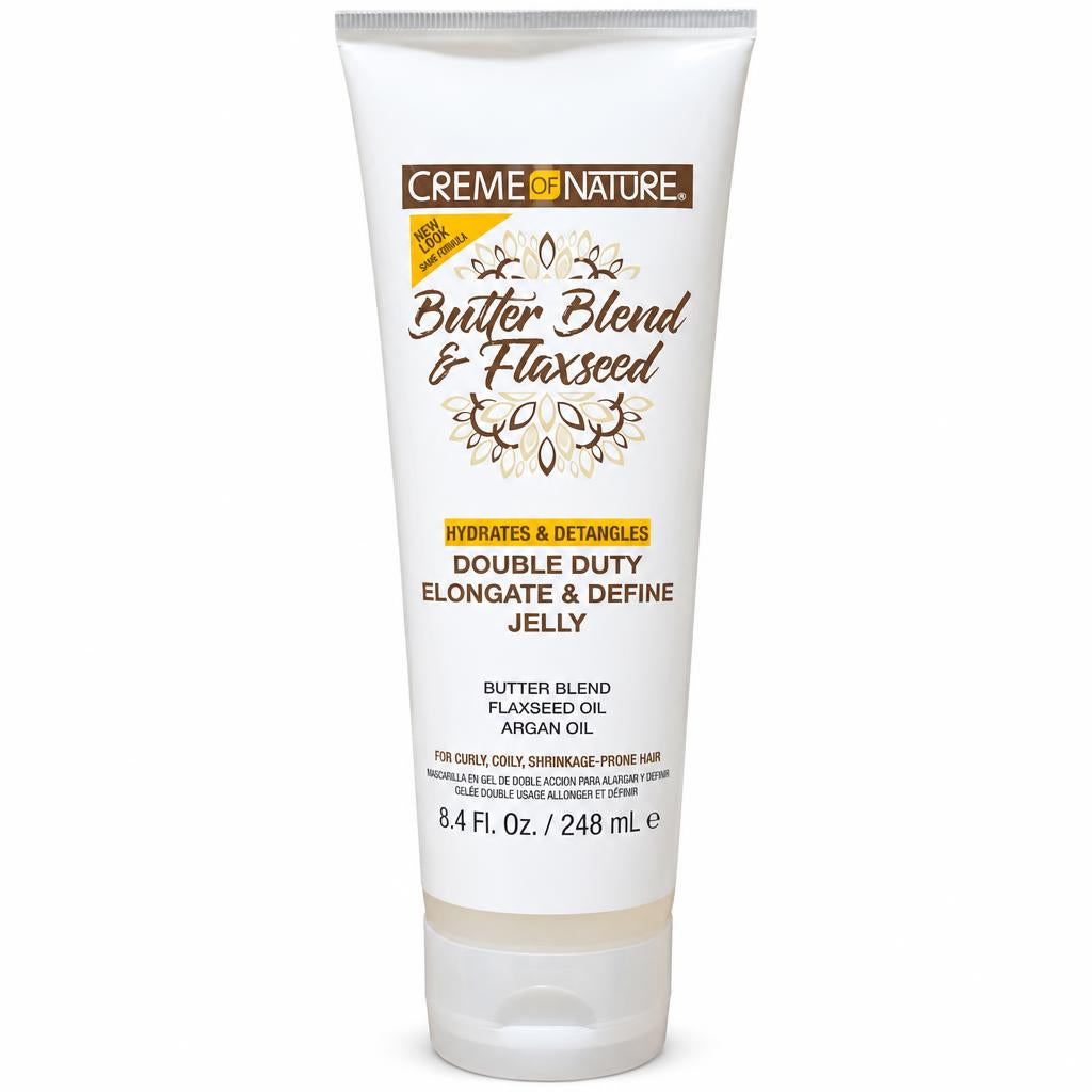 A white squeeze tube of Creme de Nature Butter Blend & Flaxseed Double Duty Elongate & Define Jelly, featuring brown and yellow text and graphics on a clean white background.