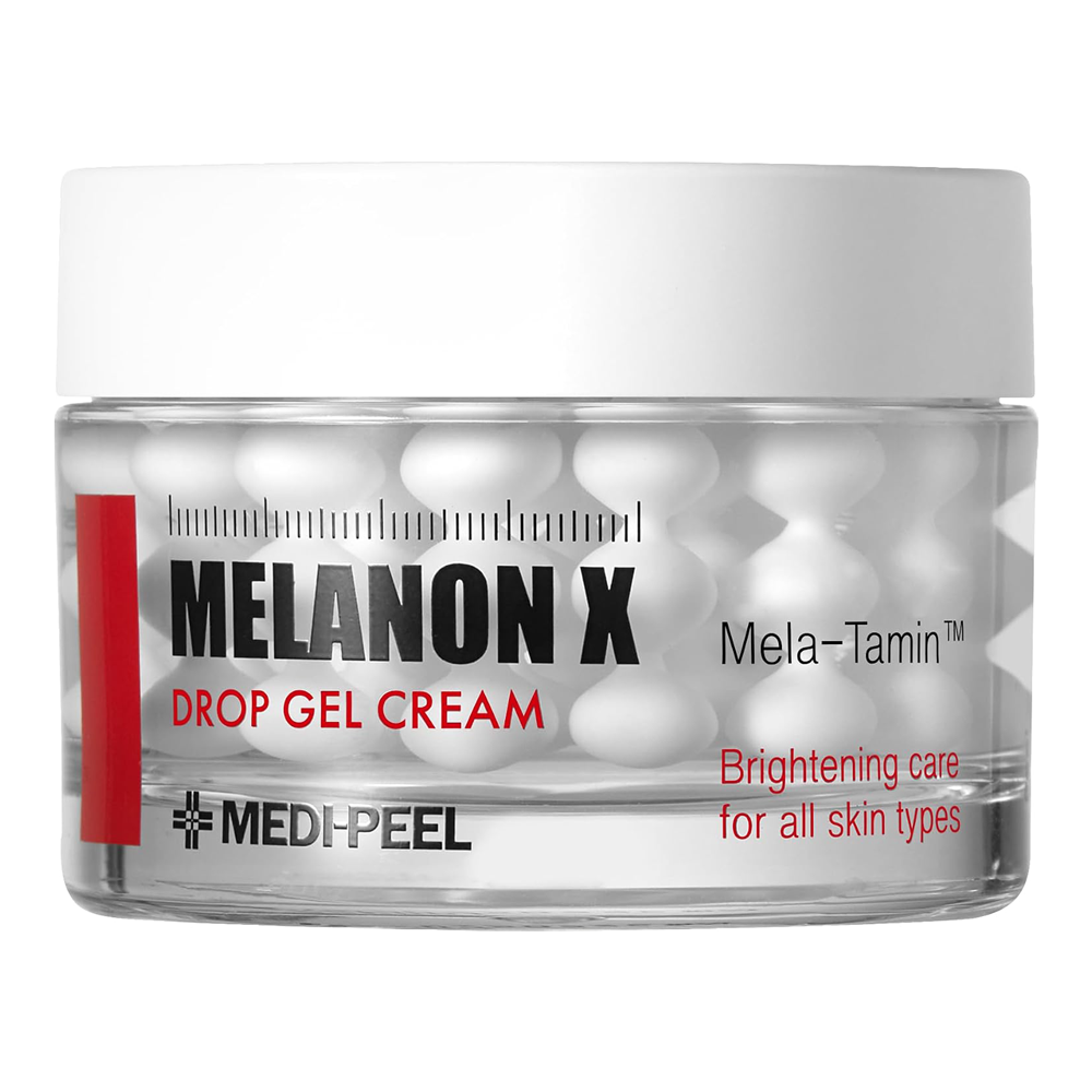 A clear cosmetic jar of MEDI-PEEL Melanon X Drop Gel Cream with a white lid, showing white drop gel capsules inside, on a solid white background.