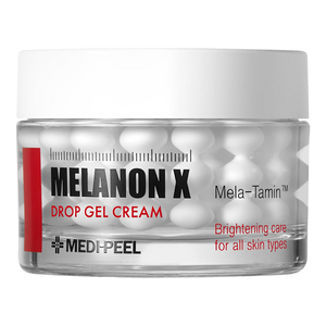 A clear cosmetic jar of MEDI-PEEL Melanon X Drop Gel Cream with a white lid, showing white drop gel capsules inside, on a solid white background.
