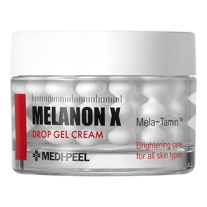A clear cosmetic jar of MEDI-PEEL Melanon X Drop Gel Cream with a white lid, showing white drop gel capsules inside, on a solid white background.