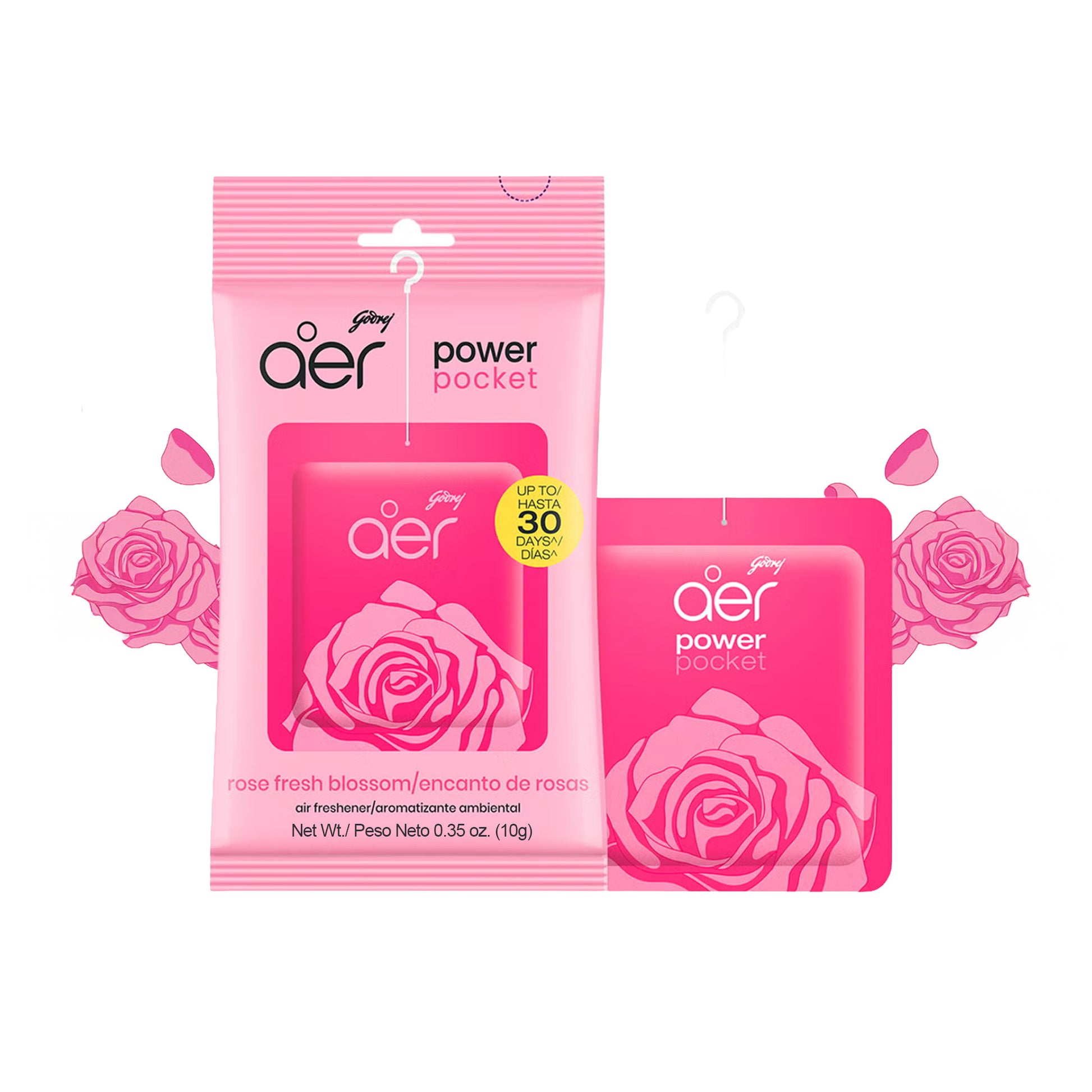 Pink aero power pocket air freshener packaging with roses on a white background
