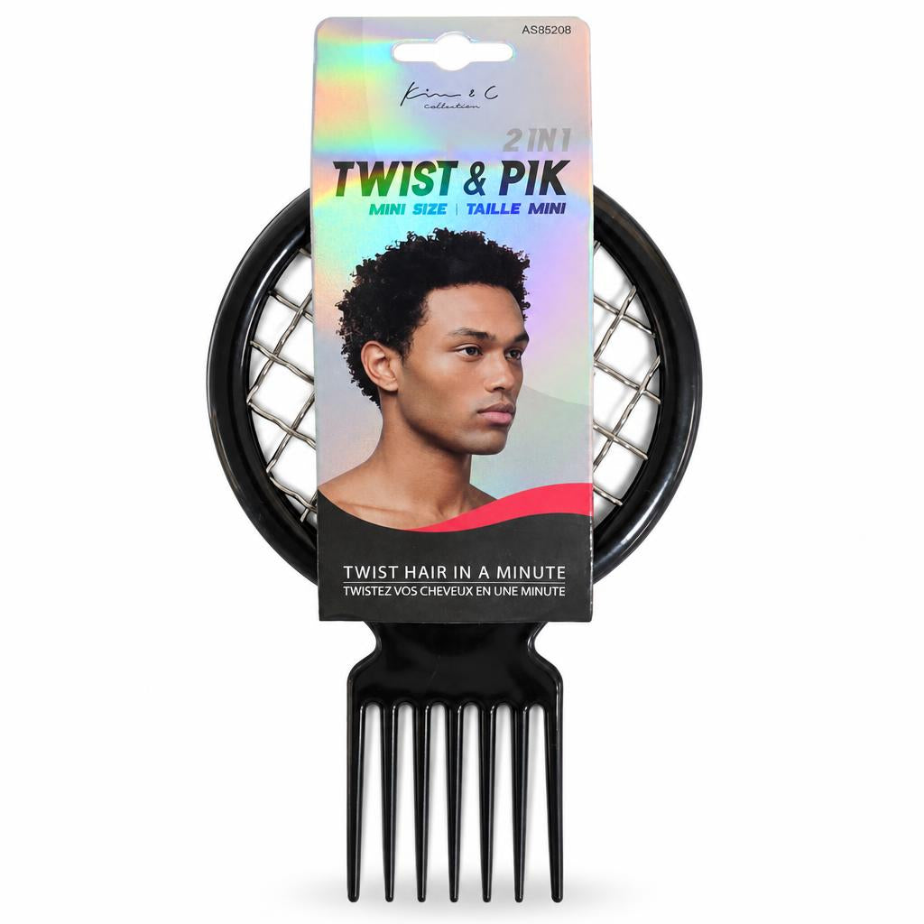 Twist & Pik Mini Size 2-in-1 hair twisting tool in black plastic, shown with its retail packaging card on a white background.