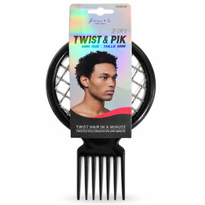 Twist & Pik Mini Size 2-in-1 hair twisting tool in black plastic, shown with its retail packaging card on a white background.