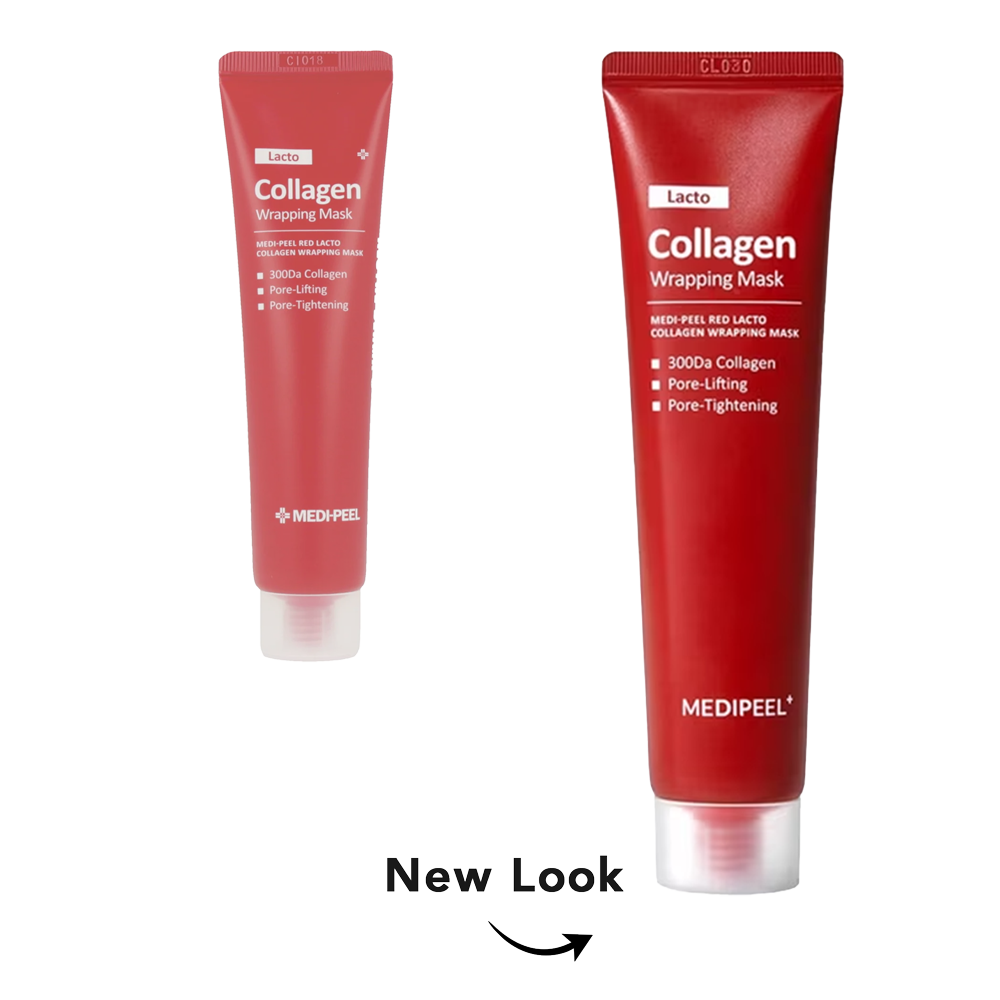 Two red Medipeel Collagen Wrapping Mask tubes shown on a white background, one smaller and one larger, with 'New Look' text and arrow below.
