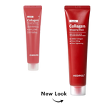 Two red Medipeel Collagen Wrapping Mask tubes shown on a white background, one smaller and one larger, with 'New Look' text and arrow below.