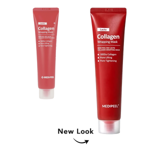 Two red Medipeel Collagen Wrapping Mask tubes shown on a white background, one smaller and one larger, with 'New Look' text and arrow below.