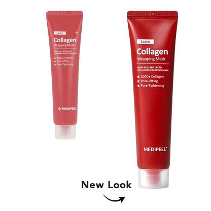 Two red Medipeel Collagen Wrapping Mask tubes shown on a white background, one smaller and one larger, with 'New Look' text and arrow below.