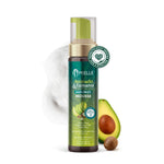 Mielle Avocado & Tamanu Anti-Frizz Mousse bottle with avocado and tamanu fruit on a white background