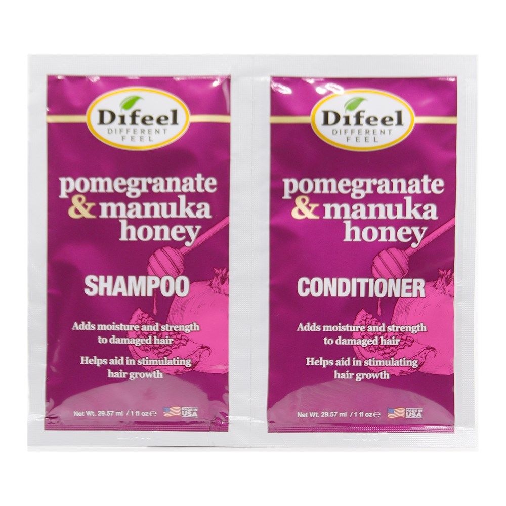 Two Difeel pomegranate & manuka honey shampoo and conditioner packets on a white background