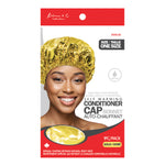 Gold self-warming conditioner cap bonnet packaging with a model wearing the cap on a white background.