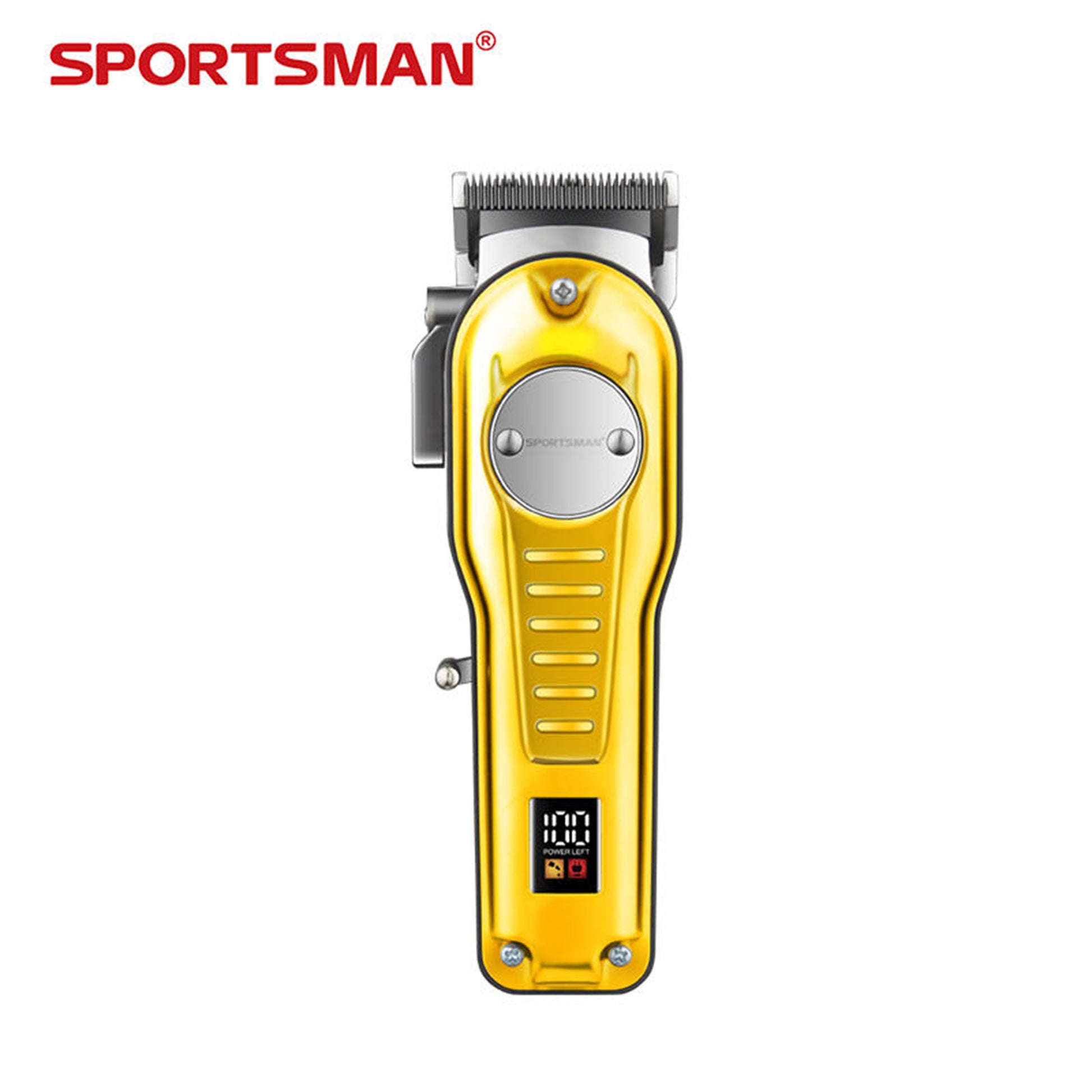 Yellow clipper with digital display on a white background, branded as Sportsman.