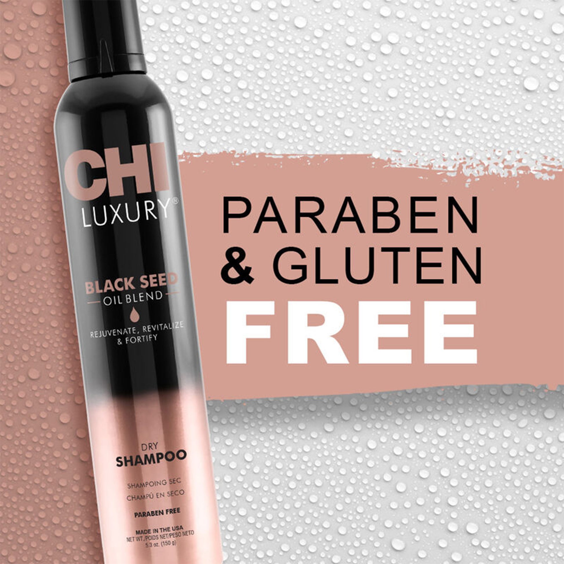 Chi Luxury Black Seed Oil Blend dry shampoo bottle with 'Paraben & Gluten Free' text on a textured background