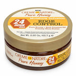 A jar of Creme of Nature Pure Honey Edge Control Moisture Infusion hair gel, featuring a gold lid and a brown jar, on a white background.