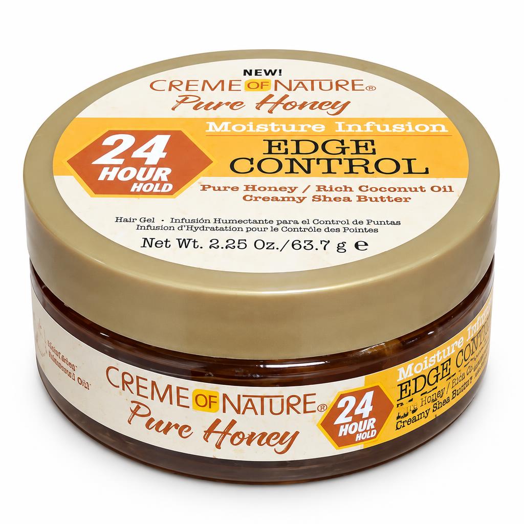 A jar of Creme of Nature Pure Honey Edge Control Moisture Infusion hair gel, featuring a gold lid and a brown jar, on a white background.