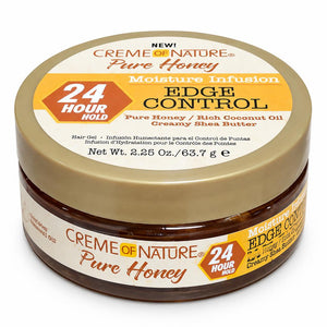 A jar of Creme of Nature Pure Honey Edge Control Moisture Infusion hair gel, featuring a gold lid and a brown jar, on a white background.