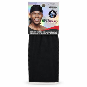 A black athletic headband in its retail packaging, featuring a hanging card with a model wearing the headband and product text including 'ACTIVE-FIT HEADBAND' and 'MADE IN THE USA'.