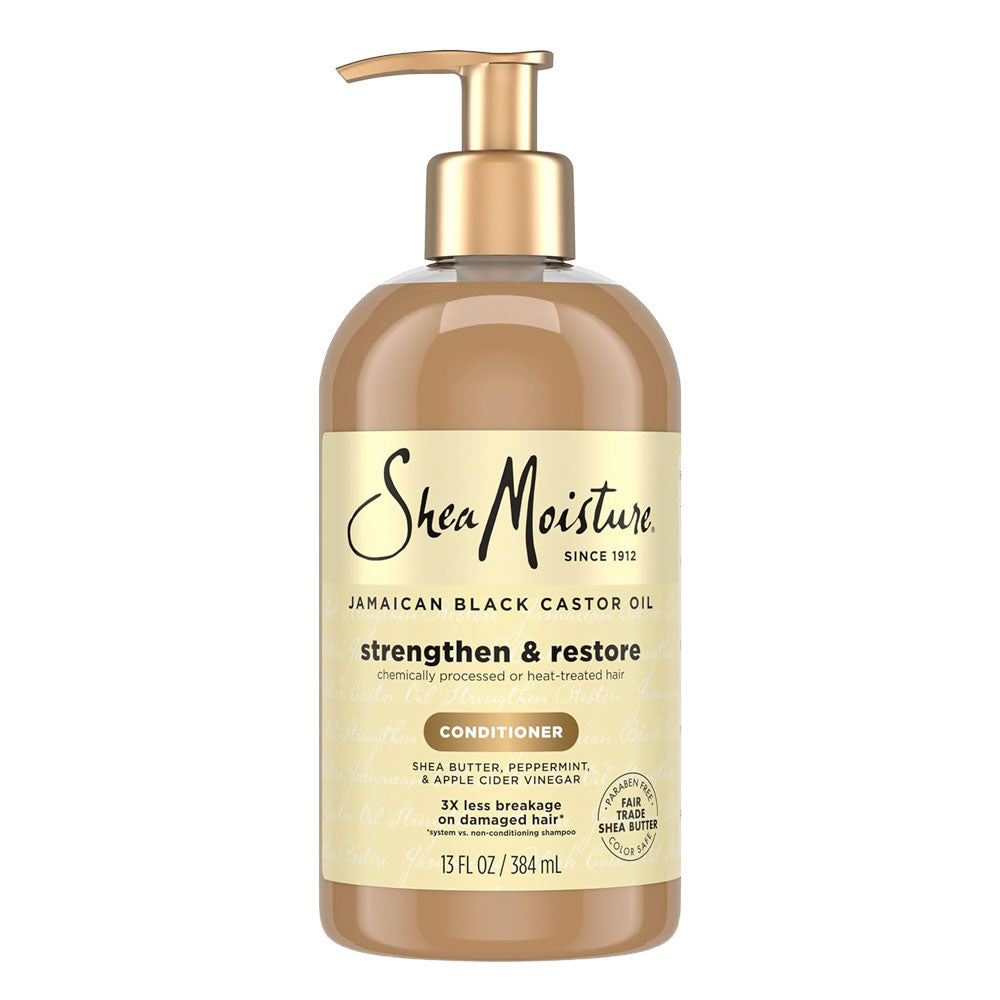 A bottle of Shea Moisture Jamaican Black Castor Oil conditioner with a gold pump and beige label, shown on a plain white background.