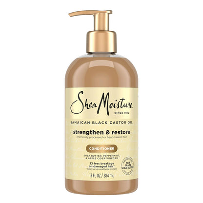 A bottle of Shea Moisture Jamaican Black Castor Oil conditioner with a gold pump and beige label, shown on a plain white background.