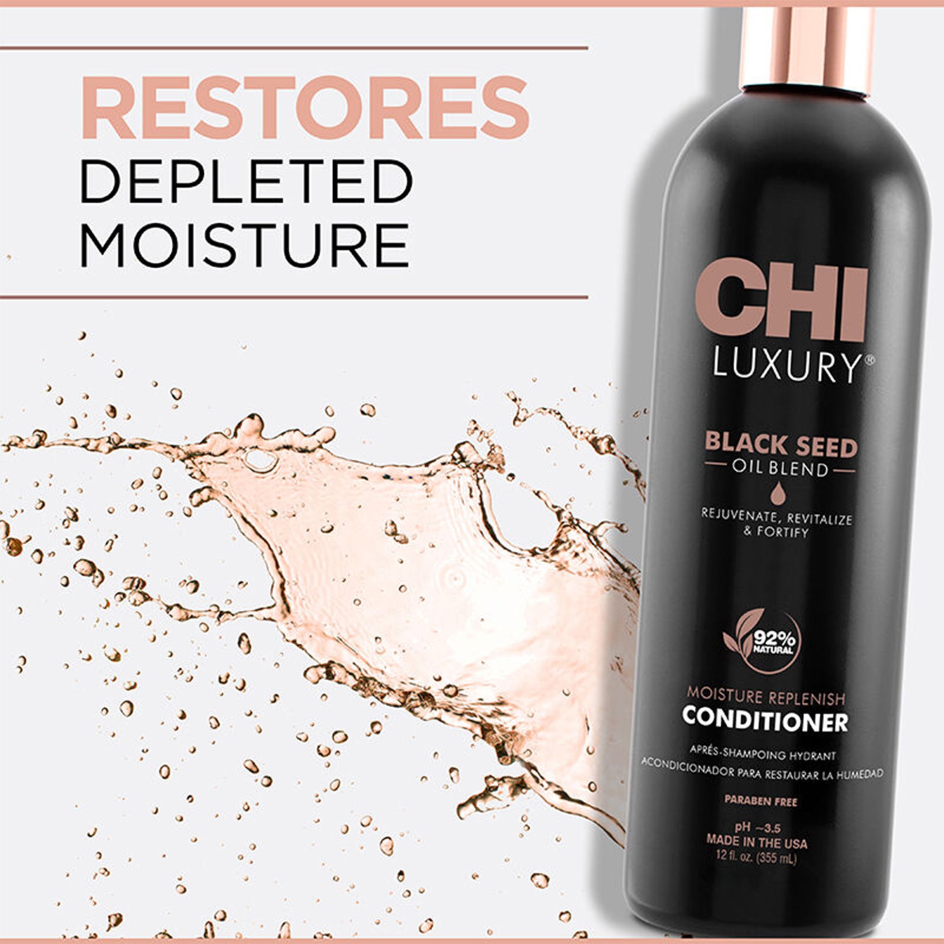 CHI Luxury Black Seed Oil Blend conditioner bottle with moisture replenishment text and oil splash on a light background