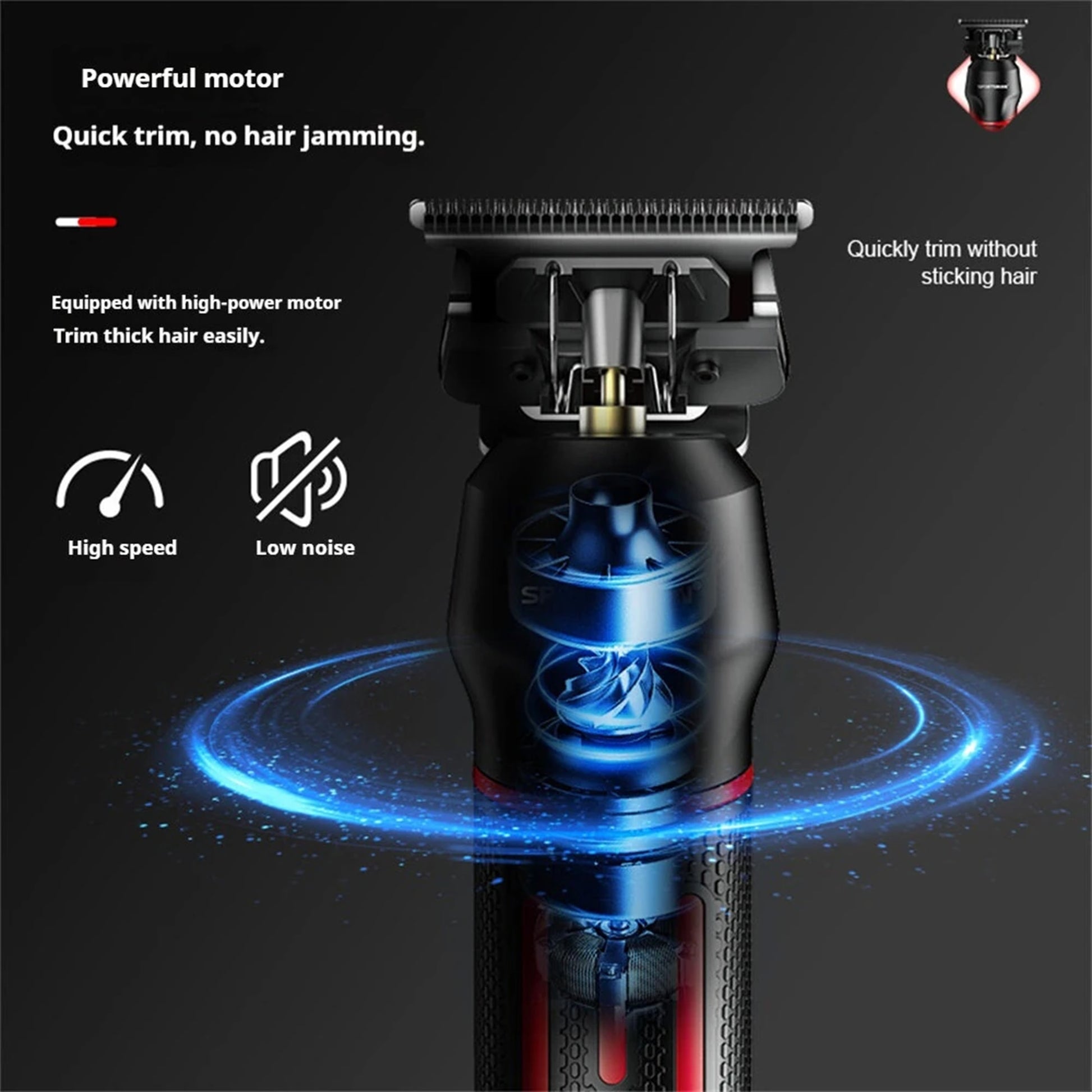 Hair trimmer with features highlighted on a dark background